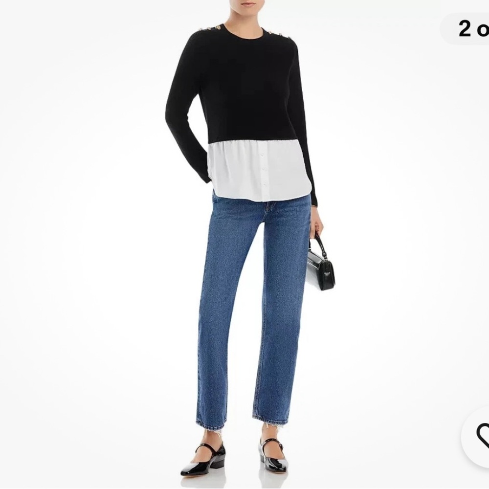 Aqua Cashmere Shirttail Hem Layered Look Black and White Sweater size L
